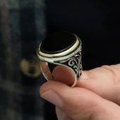 Gümüş Oval Oniks Taşlı Erkek Yüzük - 9
