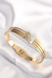 316L Çelik Zirkon Taşlı Gold Renk Kadın Kelepçe Bilezik - EBJ240510W24036 thumbnail 1