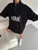 Unisex Yarım Fermuarlı Baskılı T-Shirt - Siyah thumbnail 2