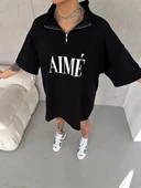 Unisex Yarım Fermuarlı Baskılı T-Shirt - Siyah thumbnail 1