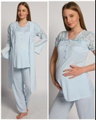 Bone Club 4905 Mavi Krinkel Sabahlıklı Lohusa 3 Lü Pijama Sabahlık - 1