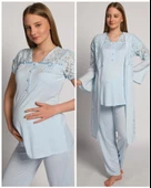 Bone Club 4905 Mavi Krinkel Sabahlıklı Lohusa 3 Lü Pijama Sabahlık - 3