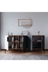 ALONEX HOME  Mobilya Tarz Konsol 4 Kapaklı, Raflı , 180 Cm , Yemek Odası , Ofis, Salon Ünite (BEYAZ-ANTRASİT) - 4
