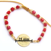 Altın Kaplama Çeyrekli Kırmızı Boncuklu ipli Bileklik BLK-968 thumbnail 3