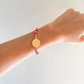 Altın Kaplama Çeyrekli Kırmızı Boncuklu ipli Bileklik BLK-968 thumbnail 2