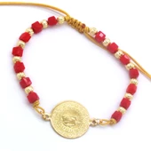 Altın Kaplama Çeyrekli Kırmızı Boncuklu ipli Bileklik BLK-968 thumbnail 1