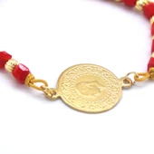 Altın Kaplama Çeyrekli Kırmızı Boncuklu ipli Bileklik BLK-968 thumbnail 4