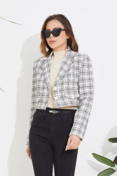 Kadın Siyah Slim Fıt Kruvaze Yaka Dokuma Desen Kısa Ceket ŞULE-4347 - 2