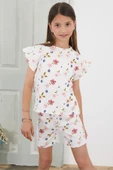 Ekru Çiçek Desenli Fırfırlı Kız Çocuk Şortlu Takım 18818 - 3