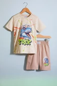 Krem T-rex Baskılı Yazılı Erkek Çocuk Şortlu Takım 18709 - 1