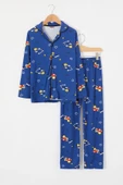Lacivert Araba Baskılı Düğmeli Erkek Çocuk Pijama Takımı 18670 - 1