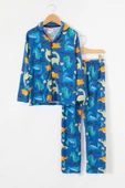 İndigo Dinozor Baskılı Düğmeli Erkek Çocuk Pijama Takımı 18671 - 1