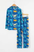 İndigo Dinozor Baskılı Düğmeli Erkek Çocuk Pijama Takımı 18671 - 4