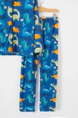 İndigo Dinozor Baskılı Düğmeli Erkek Çocuk Pijama Takımı 18671 - 3