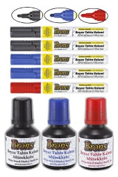 Siyah Mavi Kırmızı Yazı Tahta Kalemi ve Mürekkebi 30 ml Brons Tahta Kalemi Mürekkebi Seti - 1