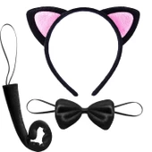 Kedi Kulak Taç Kuyruk ve Papyon 3 lü Set Çocuk Boy Pembe Renk - 1