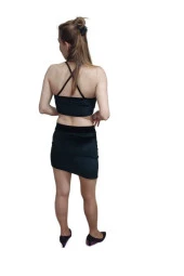 Siyah Düz Kadife Yüksek Bel Asimetrik Kesim Mini Etek Çapraz Askılı Crop 2'li Takım - 3