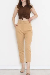 Kemerli Pileli Pantolon Camel - 20318.683. - 4
