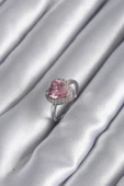 Pirinç Gümüş Renk Pembe Zirkon Taş Kalp Charm Model Kadın Yüzük - TJ-BYK2954 - 1