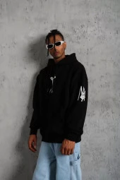 Erkek Baskılı Kapüşonlu Sweat - Siyah thumbnail 5