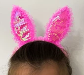 Kenarları Dantelli Fuşya Pullu Payetli Led Işıklı Tavşan Kulak Taç 23x19 cm thumbnail 1