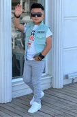 Erkek Çocuk Yazı Baskılı ve Çıtçıtlı Su Yeşili ALt Üst Takım - 1