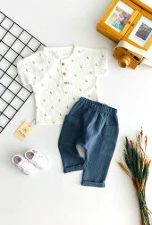 Neşeli Bebekler Müslin Kumaş Kısa Kollu Tişört Pantolon Takım Gri - 1