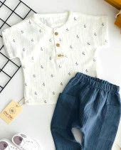 Neşeli Bebekler Müslin Kumaş Kısa Kollu Tişört Pantolon Takım Gri - 2