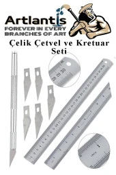 Çelik Cetvel 30 cm ve Kretuar Bıçağı 5 Yedek Bıcaklı 1 Adet Paslanmaz Çelik Metal Çetvel 30 Santimetre - 1