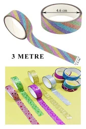 Renkli Desenli Simli Bant 12 Adet Smli Hologramlı Bant 3 Metre Hobi Bantı Farklı Renklerde Gönderim - 2