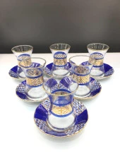 YILDIZ 6'LI DESENLİ PORSELEN & CAM ÇAY SETİ KOBALT - 1