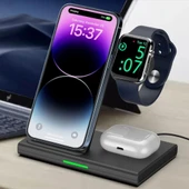 3-1 Arada 20W Hızlı Şarj Destekli Kablosuz Wireless Şarj Stand LED Işıklı Iphone, Apple Watch, Airpods Destekli - 2