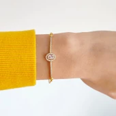 Altın Kaplama Ezme Zincirli Oval Zirkon Taşlı Kadın Bileklik BLK-501 - 2