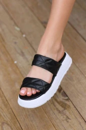 Hakiki Deri Kalın Bantlı Platform Topuklu Desenli Ortopedik Tasarım Kadın Plaj Terliği thumbnail 1