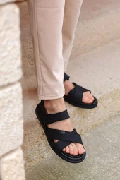 Hakiki Deri Kalın Bantlı Cırt Cırtlı Erkek Sandalet Terlik - 2