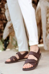 Hakiki Deri Kalın Bantlı Ortopedik Tasarım Erkek Sandalet Terlik thumbnail 2