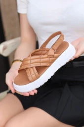 Hakiki Deri Topuk Detaylı Platform Topuklu Ortopedik Kadın Sandalet Terlik thumbnail 3