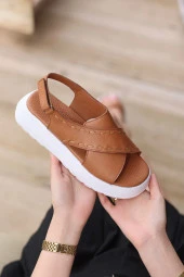 Hakiki Deri Kalın Bantlı Topuk Detaylı Platform Topuklu Ortopedik Tasarım Kadın Sandalet Terlik thumbnail 2