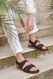 Hakiki Deri Kalın Bantlı Ortopedik Tasarım Erkek Sandalet Terlik thumbnail 3