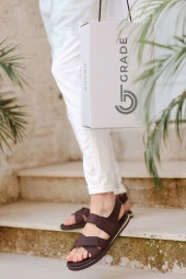 Hakiki Deri Kalın Bantlı Ortopedik Tasarım Erkek Sandalet Terlik thumbnail 1