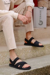 Hakiki Deri Kalın Bantlı Cırt Cırtlı Erkek Sandalet Terlik - 1