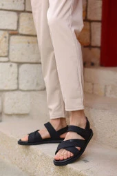 Hakiki Deri Kalın Bantlı Cırt Cırtlı Erkek Sandalet Terlik - 3