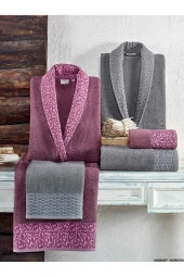 Taç Kristal Nakışlı 6 Parça Aile Bornoz Takımı Antrasit-Mürdüm Kristal Soft Cotton Bornoz Seti - 1