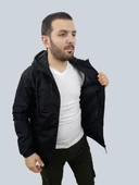 Erkek Kapüşonlu Kaplama Detaylı Siyah Yağmurluk - 7