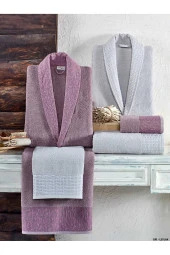 Taç Kristal Nakışlı 6 Parça Aile Bornoz Takımı Gri-Lila Kristal Soft Cotton Bornoz Seti - 1
