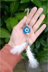 Nazar Boncuk Kuş Tüylü Dikiz Ayna Süsü Kötü Göz Kovucu Araba Süsü - 2