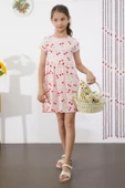 Somon Kiraz Baskılı Kısa Kollu Kız Çocuk Yazlık Elbise 18785 - 1