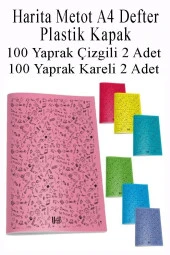Defter Plastik Kapak A4 100 Yaprak Çizgili 2 Adet ve 100 Yaprak Kareli 2 Adet Harita Metod Defter - 3