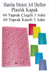 Defter Plastik Kapak A4 60 Yaprak Çizgili 3 Adet ve 60 Yaprak Kareli 3 Adet Harita Metod Defter - 3