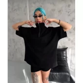 Lucky Life Unisex Yarım Fermuarlı Düz Oversize T-Shirt - Siyah - 1